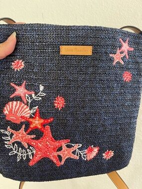 Vera Bradley Navy Straw Tote with Coral Starfish Embroidery